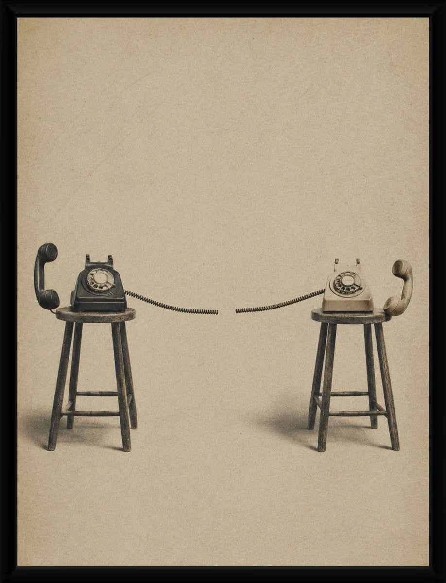 The Disconnected Telephones Poster framed elegantly, showcasing its vintage aesthetic.