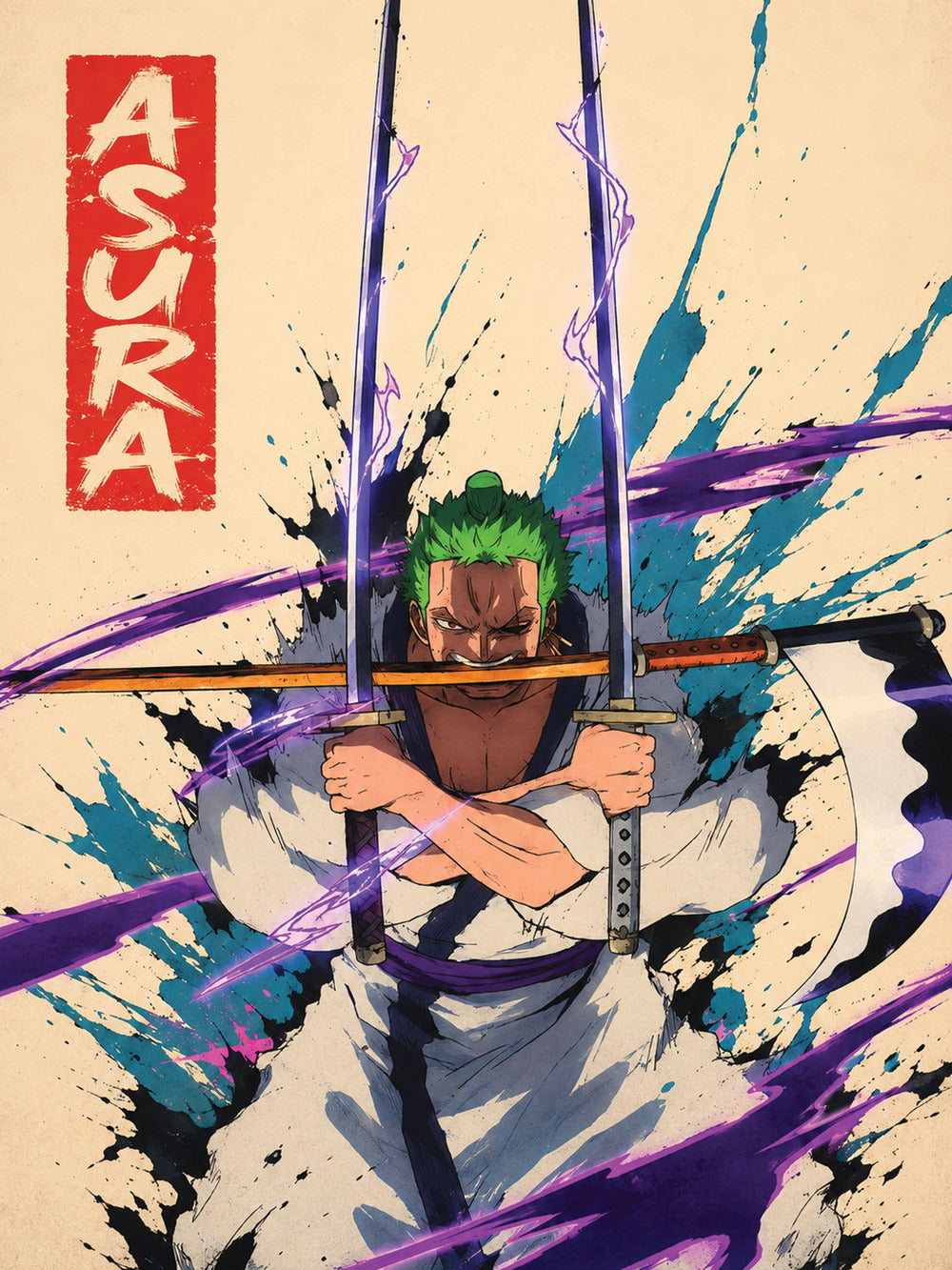 A vibrant poster featuring Roronoa Zoro in his Asura form with dynamic colors.