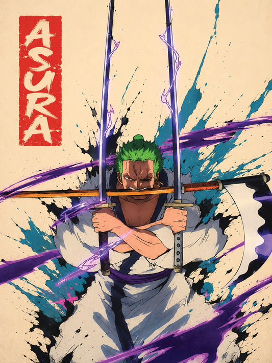 A vibrant poster featuring Roronoa Zoro in his Asura form with dynamic colors.