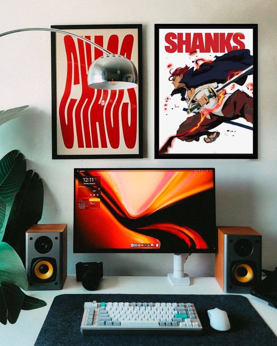 Shanks poster featured prominently in a trendy anime-themed workspace.