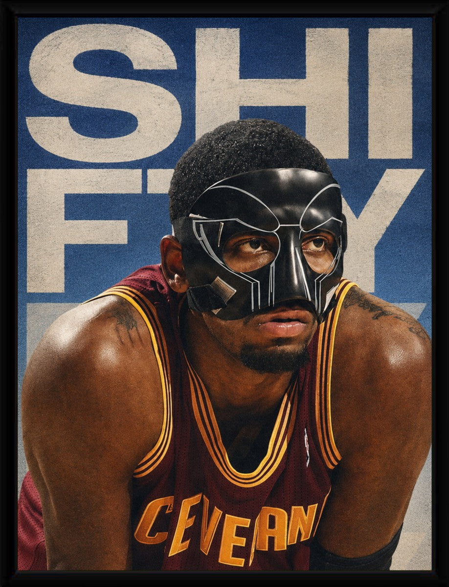 A Kyrie Irving poster showcased in a sleek black frame against a modern background.
