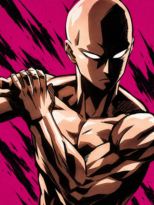 A colorful poster of Saitama from One Punch Man, showcasing his powerful stance.