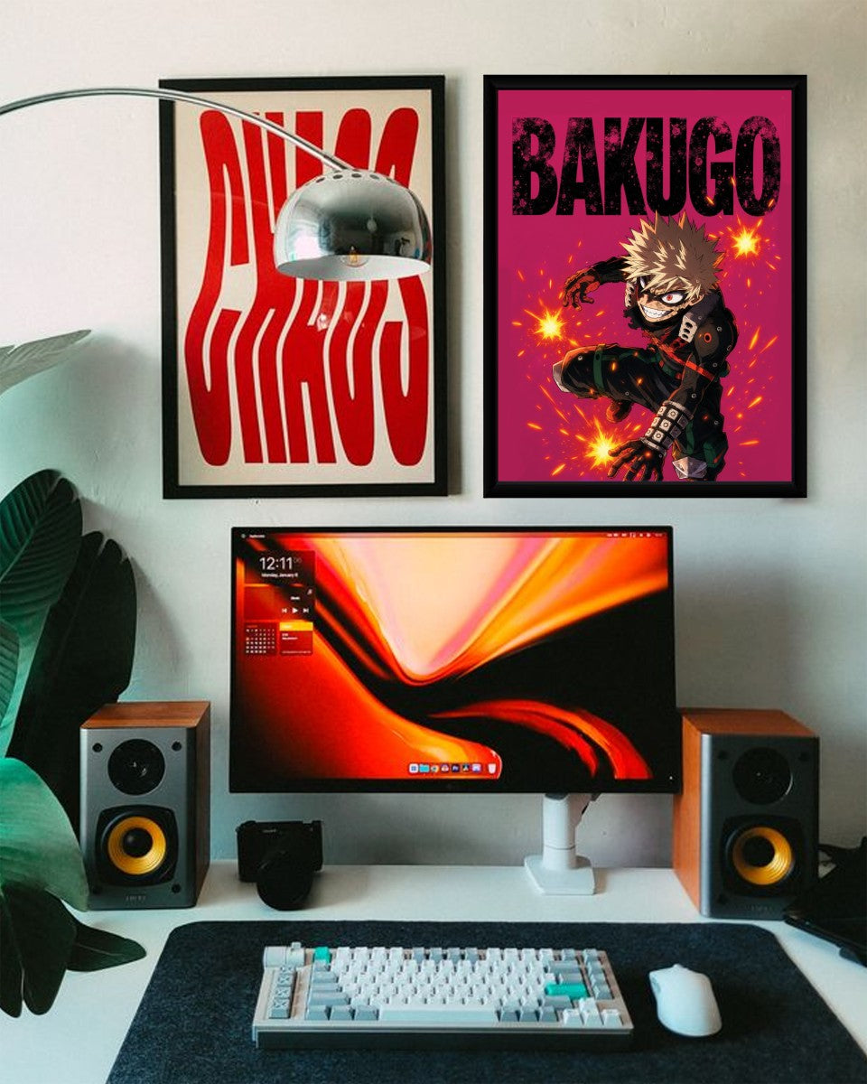 The Bakugo action poster featuring a colorful backdrop, displayed on a minimalistic wall space.