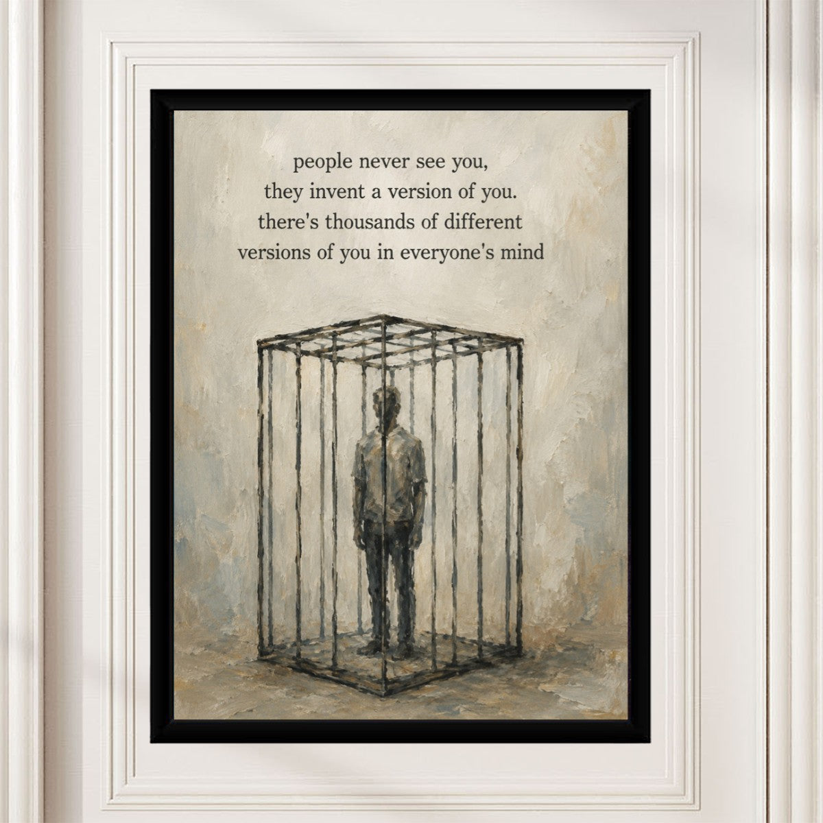 An artistic presentation of the 'Versions of You' poster displayed with minimalistic decor.