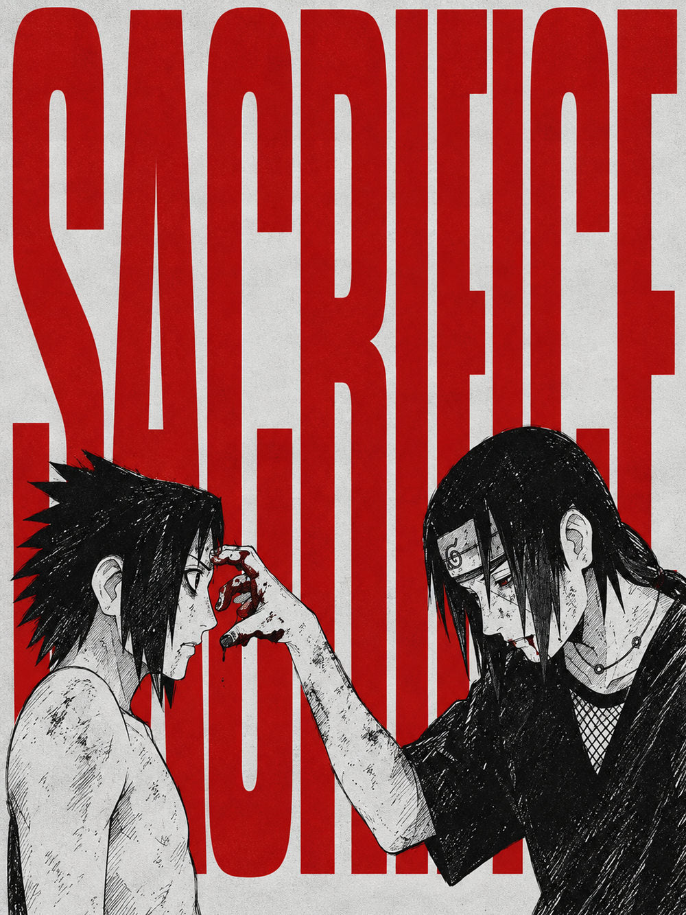 Artistic poster featuring Itachi and Sasuke Uchiha with the word 'SACRIFICE' against a dramatic red background.