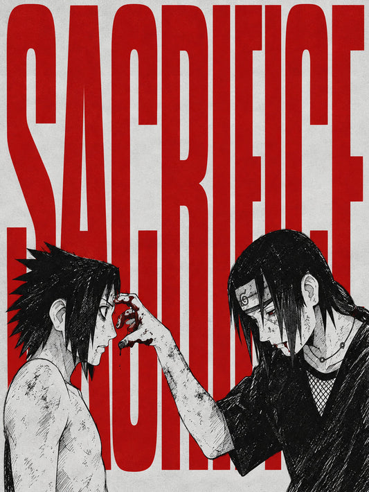 Artistic poster featuring Itachi and Sasuke Uchiha with the word 'SACRIFICE' against a dramatic red background.