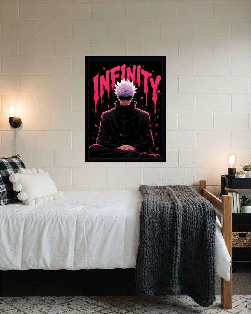 The Satoru Gojo poster showcased in a stylish setting with a dark background and striking text.