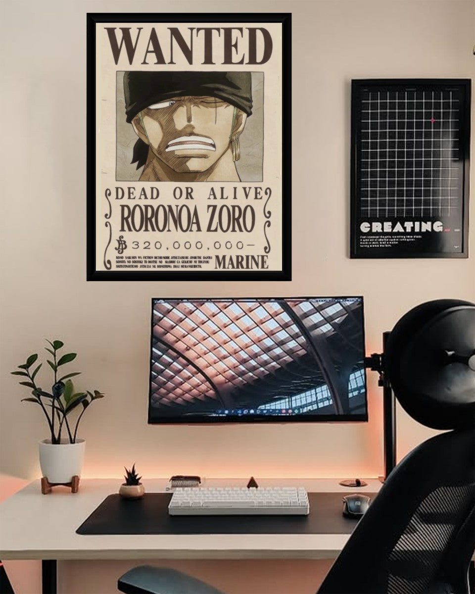 Roronoa Zoro Wanted Poster in a stylish mockup, showcasing its vibrant print framed elegantly against a minimalist backdrop.