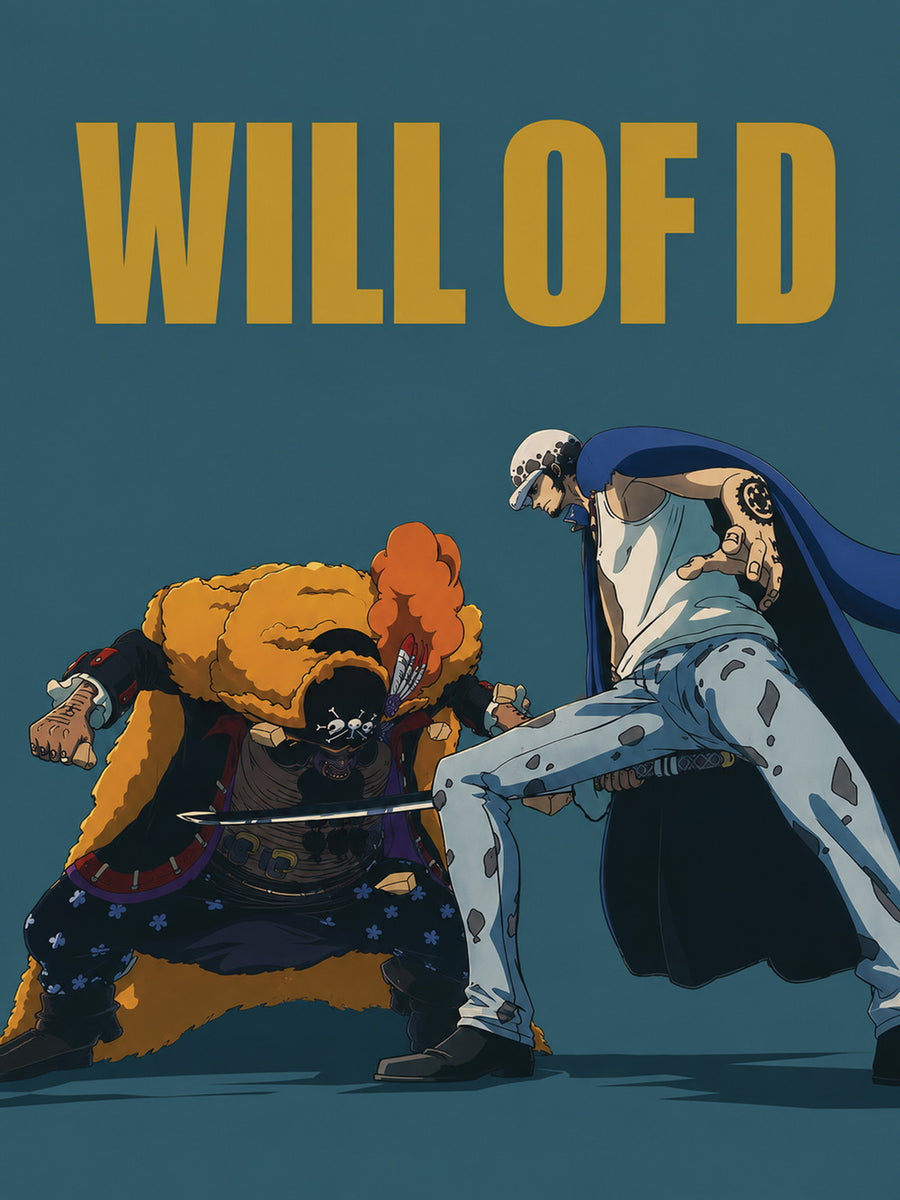 Dynamic poster featuring Law and Blackbeard from anime in a dramatic pose.
