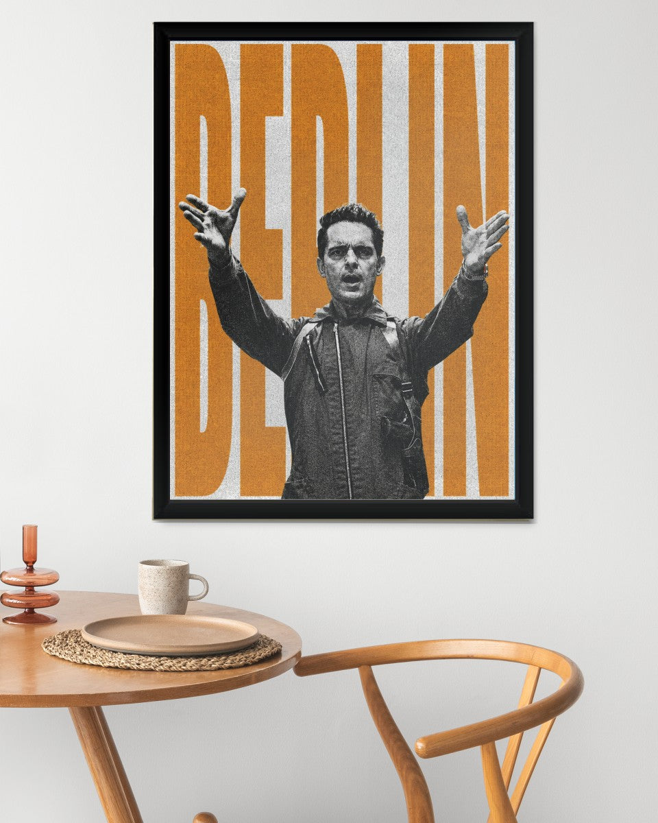 Creative mockup of the Berlin poster set against an artistic backdrop.