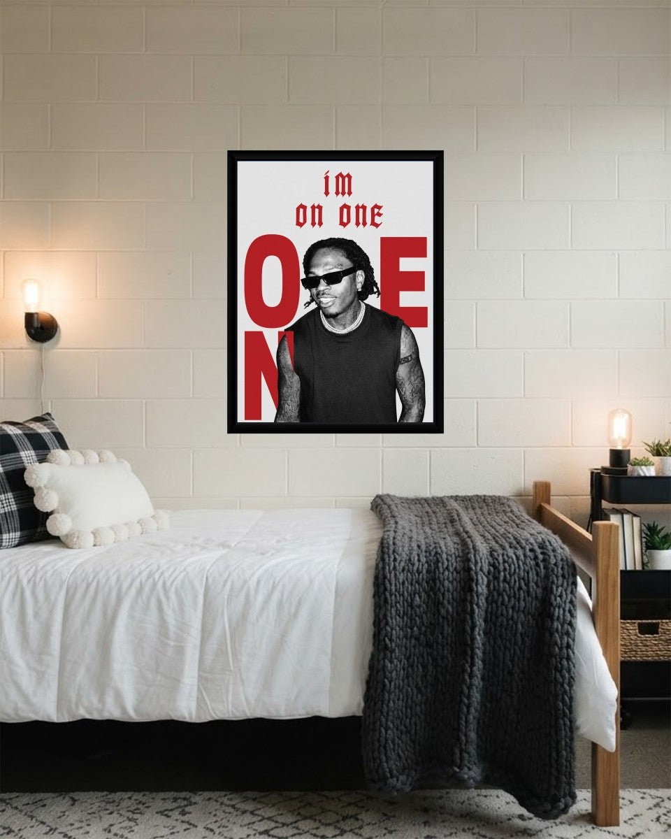 The Gunna One poster featured prominently in a contemporary setting, complete with its striking black and white aesthetic.