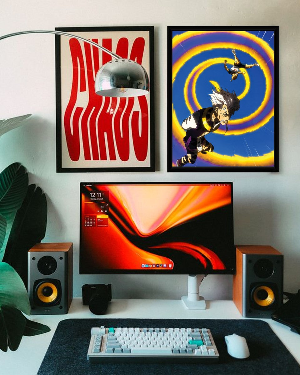 The Isaac Netero poster beautifully displayed in a creative workspace, showcasing its energetic composition.