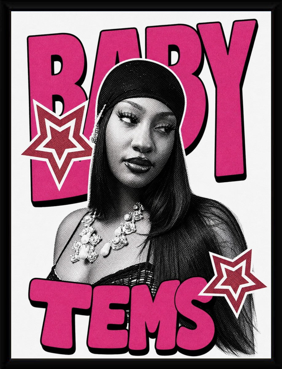 The Tems Music Poster showcased in a sleek black frame, highlighting its colorful details.