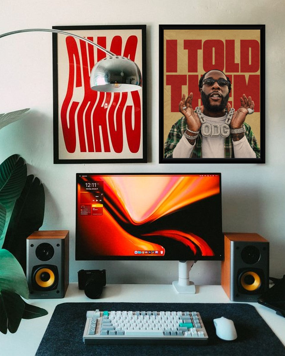 Burna Boy poster displayed in a stylish mockup setting with an artistic background.