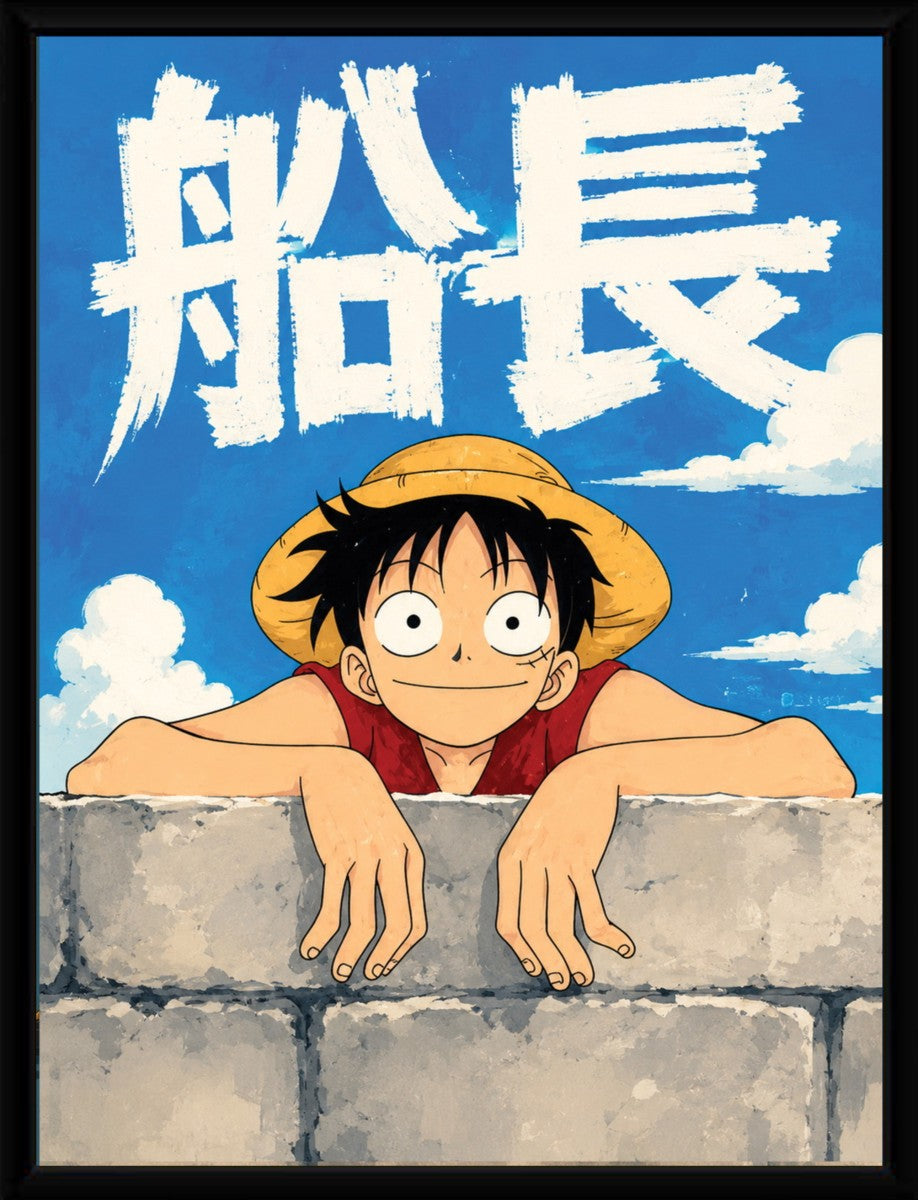 A framed Luffy anime poster showcasing the character's joyful demeanor and colorful design, elegantly displayed in a