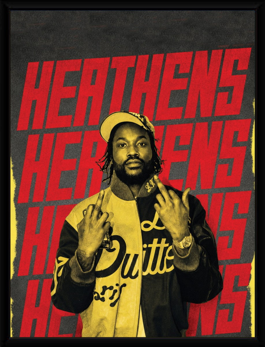Meek Mill HEATHENS poster displayed in a sleek black frame, showcasing vibrant colors.