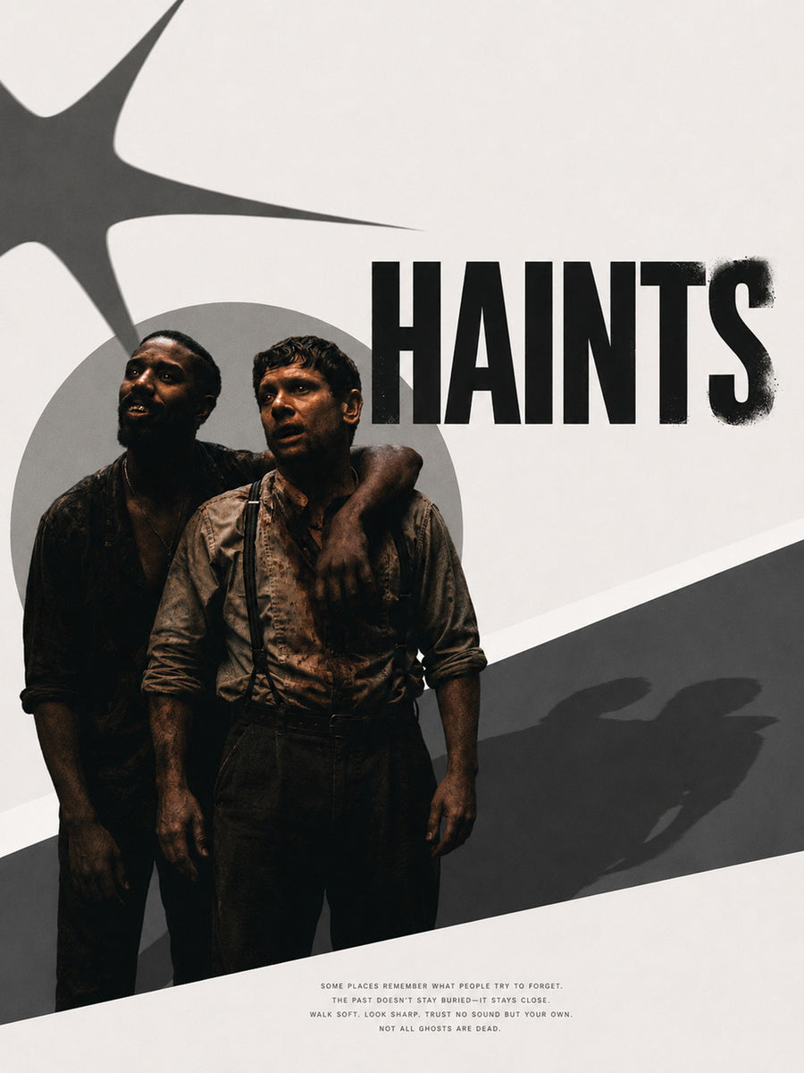 A striking poster of Sinners featuring dark text on a moody background.