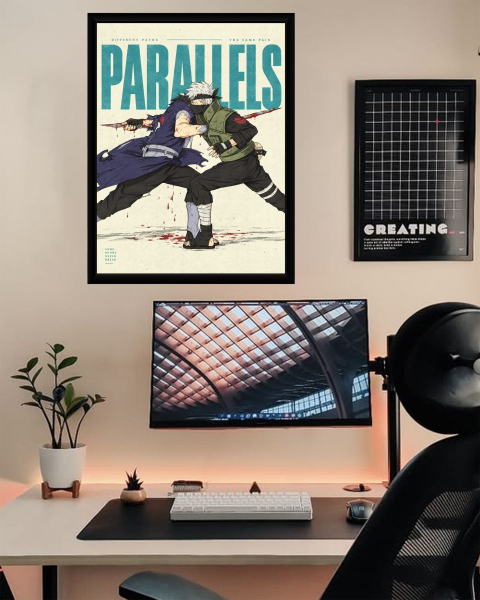 The stunning Itachi vs Obito poster shown in a creative workspace, adding a bold anime touch to the decor.