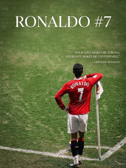 A bold poster featuring Cristiano Ronaldo in his number 7 jersey, with the quote 'YOUR LOVE MAKES ME STRONG. YOUR HATE MAKES