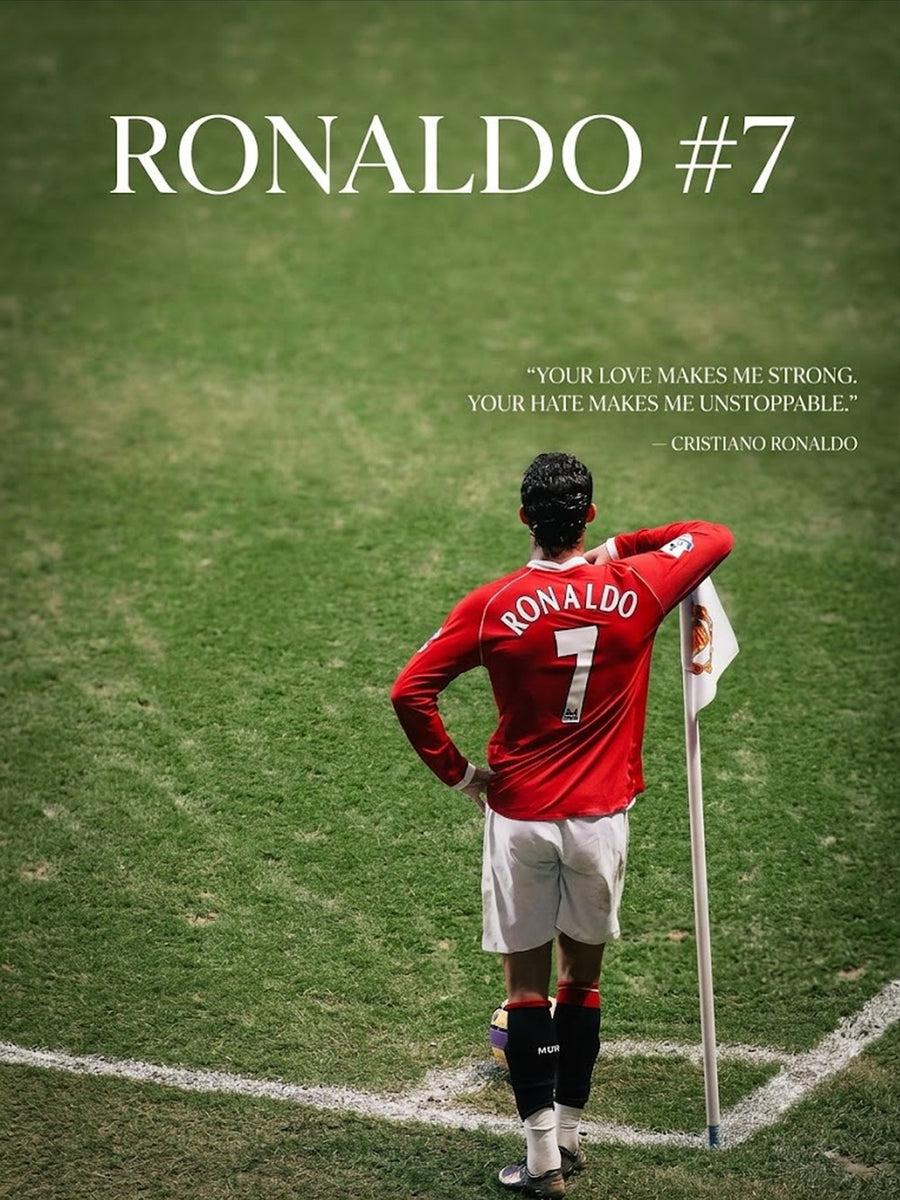 A bold poster featuring Cristiano Ronaldo in his number 7 jersey, with the quote 'YOUR LOVE MAKES ME STRONG. YOUR HATE MAKES