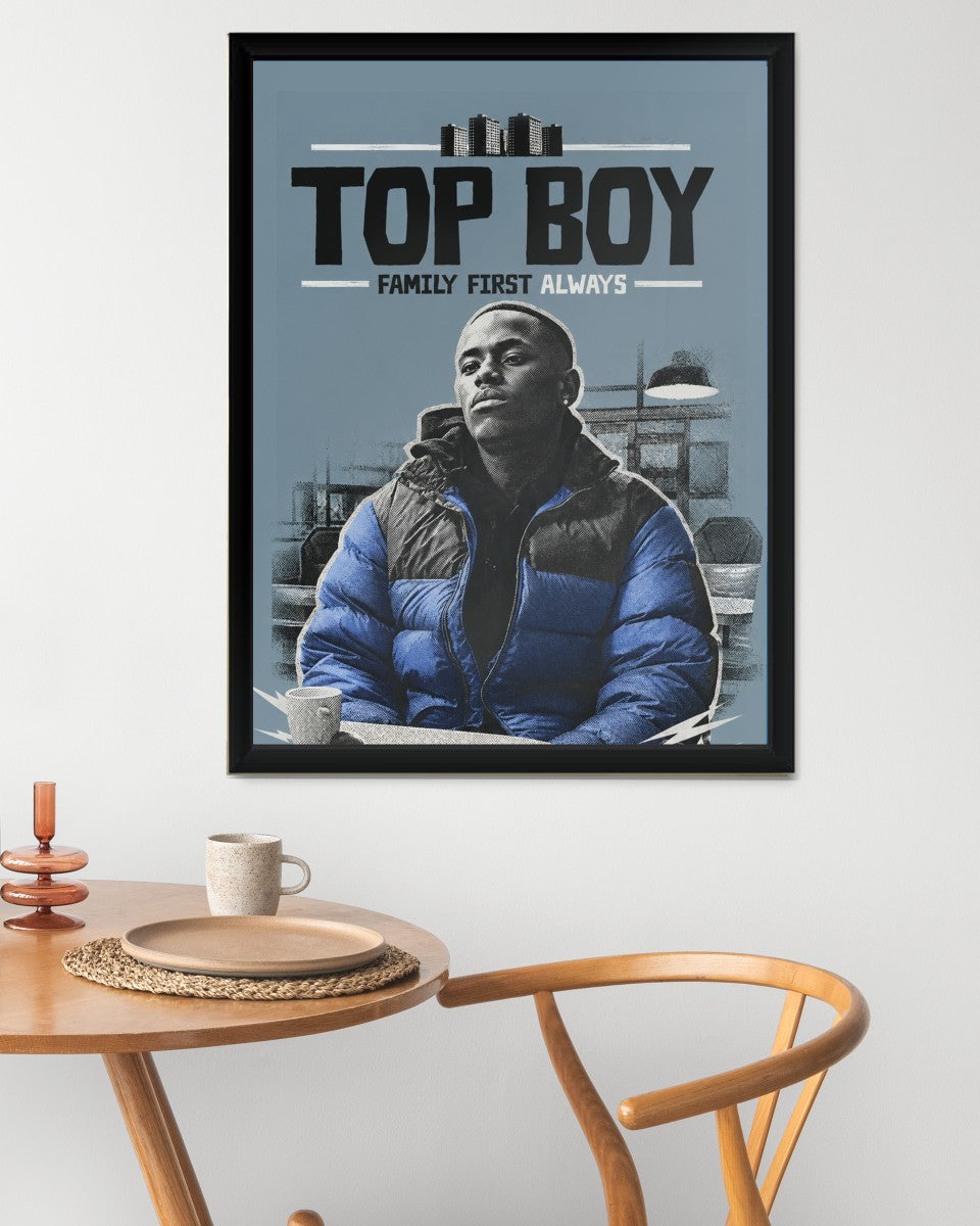 The Top Boy poster presented in a modern mockup, highlighting its vibrant color scheme and strong imagery.