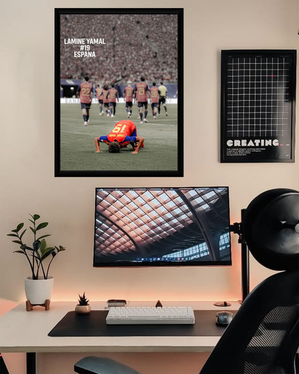 The Lamine Yamal Spain poster presented in a chic environment, perfect for sports lovers looking to enhance their wall decor.
