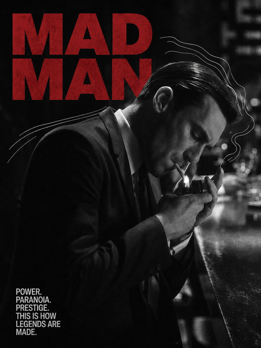 A striking poster featuring Don Draper from 'Mad Men' with bold red typography on a dark background.