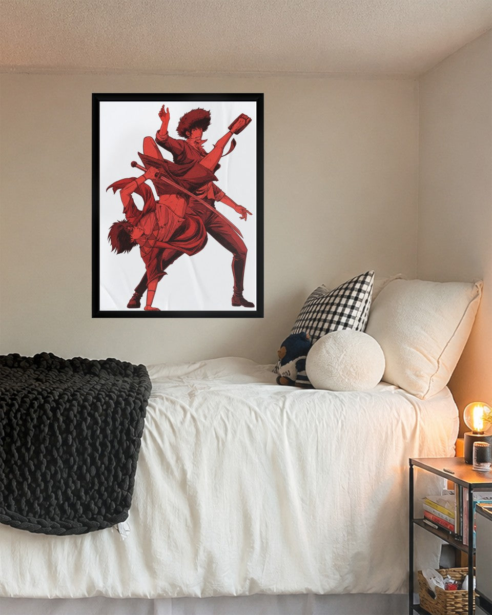 The Mugen vs Spike poster elegantly styled in a contemporary room setting, showcasing its vivid colors.