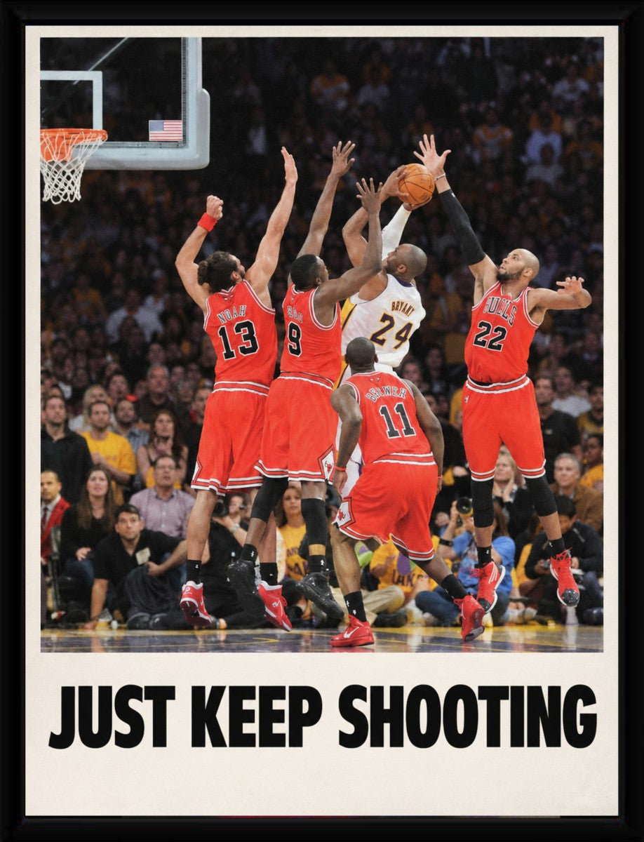 Kobe Bryant action poster displayed in a sleek black frame against a neutral background.