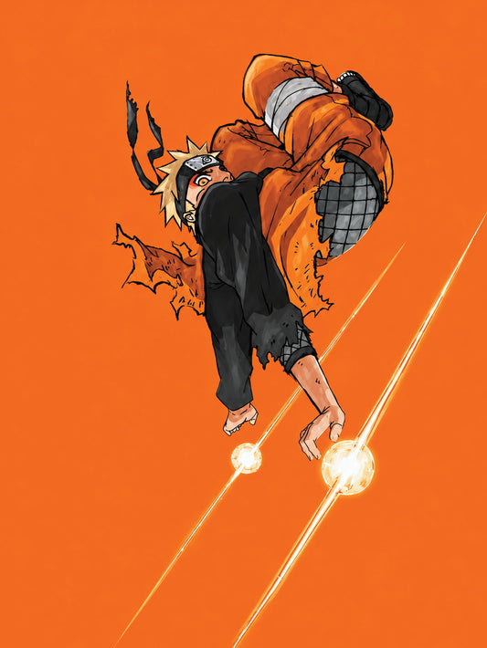A vibrant poster featuring Naruto in an action pose with a bold orange background.