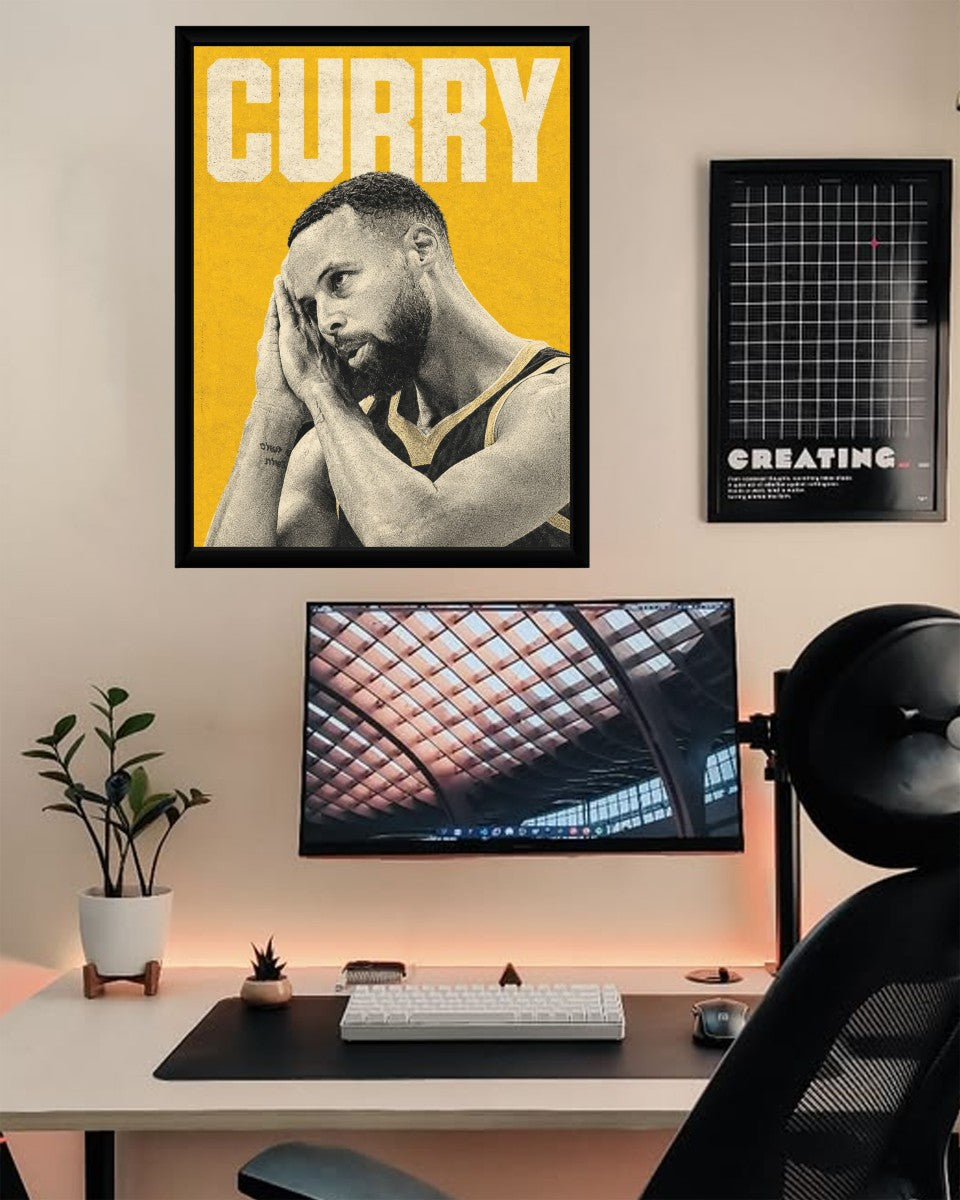 Framed Steph Curry poster shown in a creative mockup context, emphasizing its striking design.
