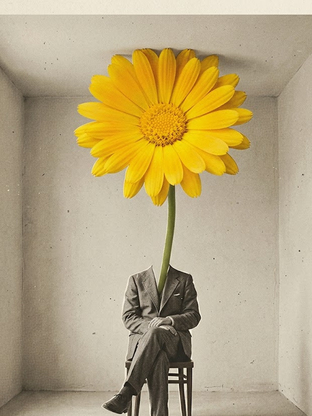 A colorful poster featuring a sophisticated figure in a suit with a vibrant sunflower.