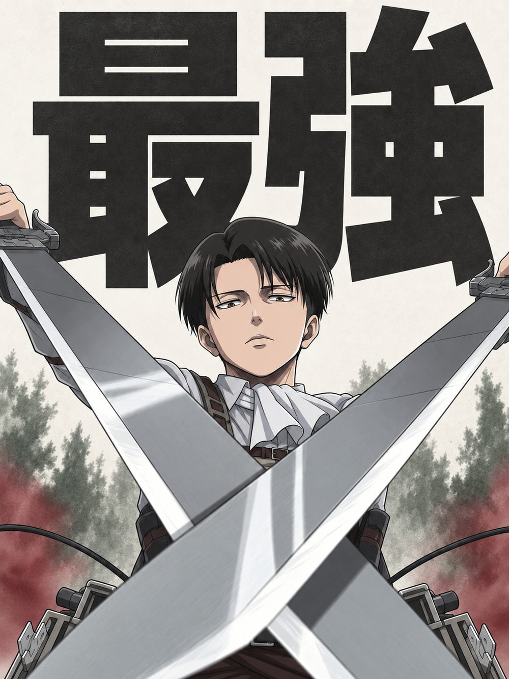 A colorful poster of Levi Ackerman brandishing powerful blades in a fierce stance, accompanied by text '最強'.