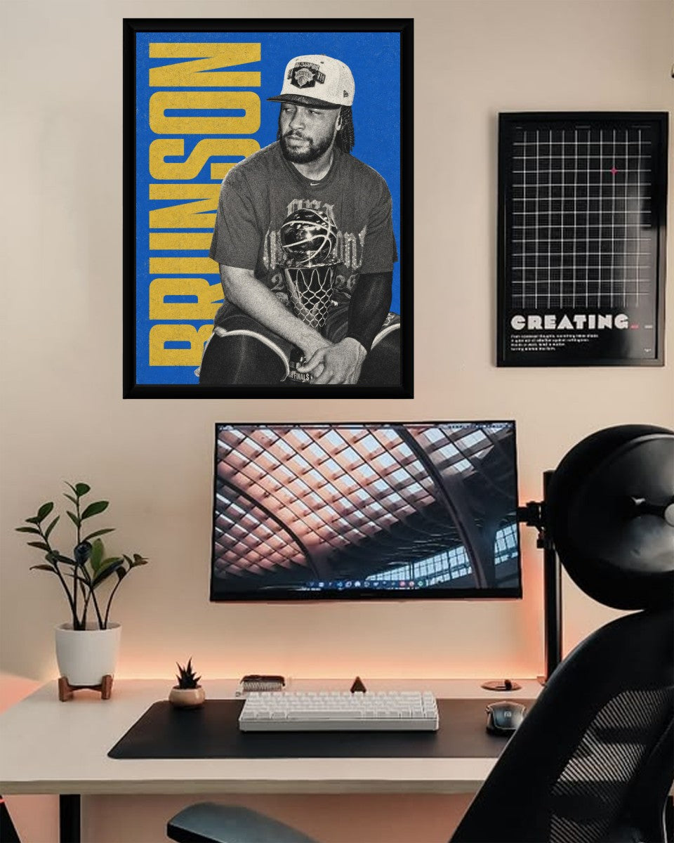 The Jalen Brunson basketball poster showcased in a stylish office environment, adding a touch of motivation to the space.