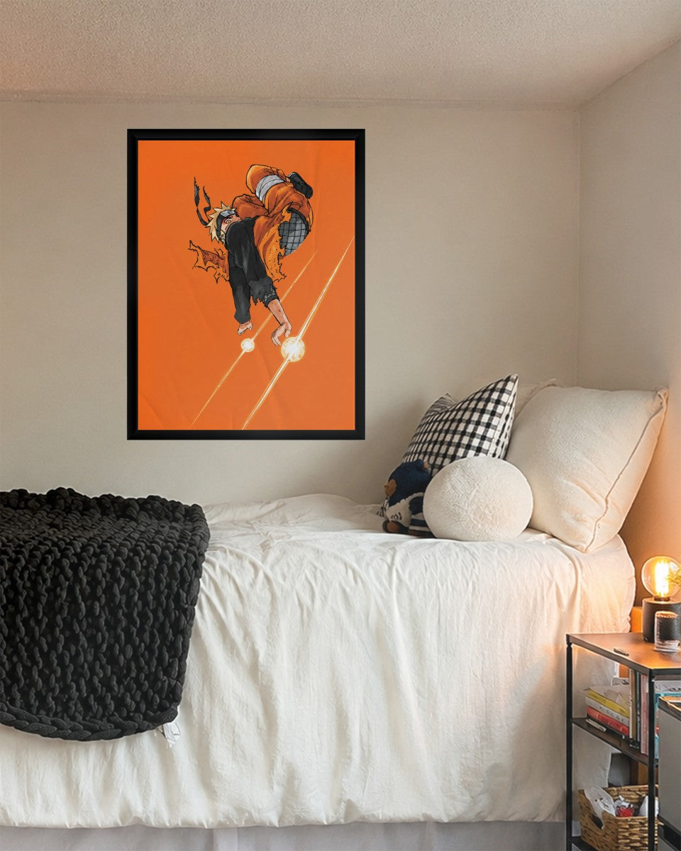 The Naruto Action Poster showcased in a styled living area with bright decor.