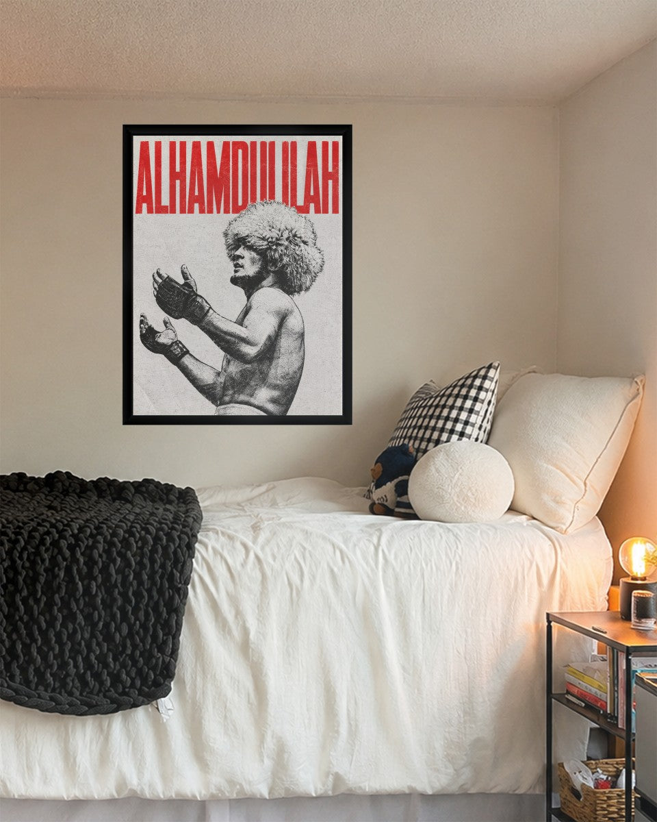Khabib Nurmagomedov poster displayed in a modern living space, highlighting its bold design.
