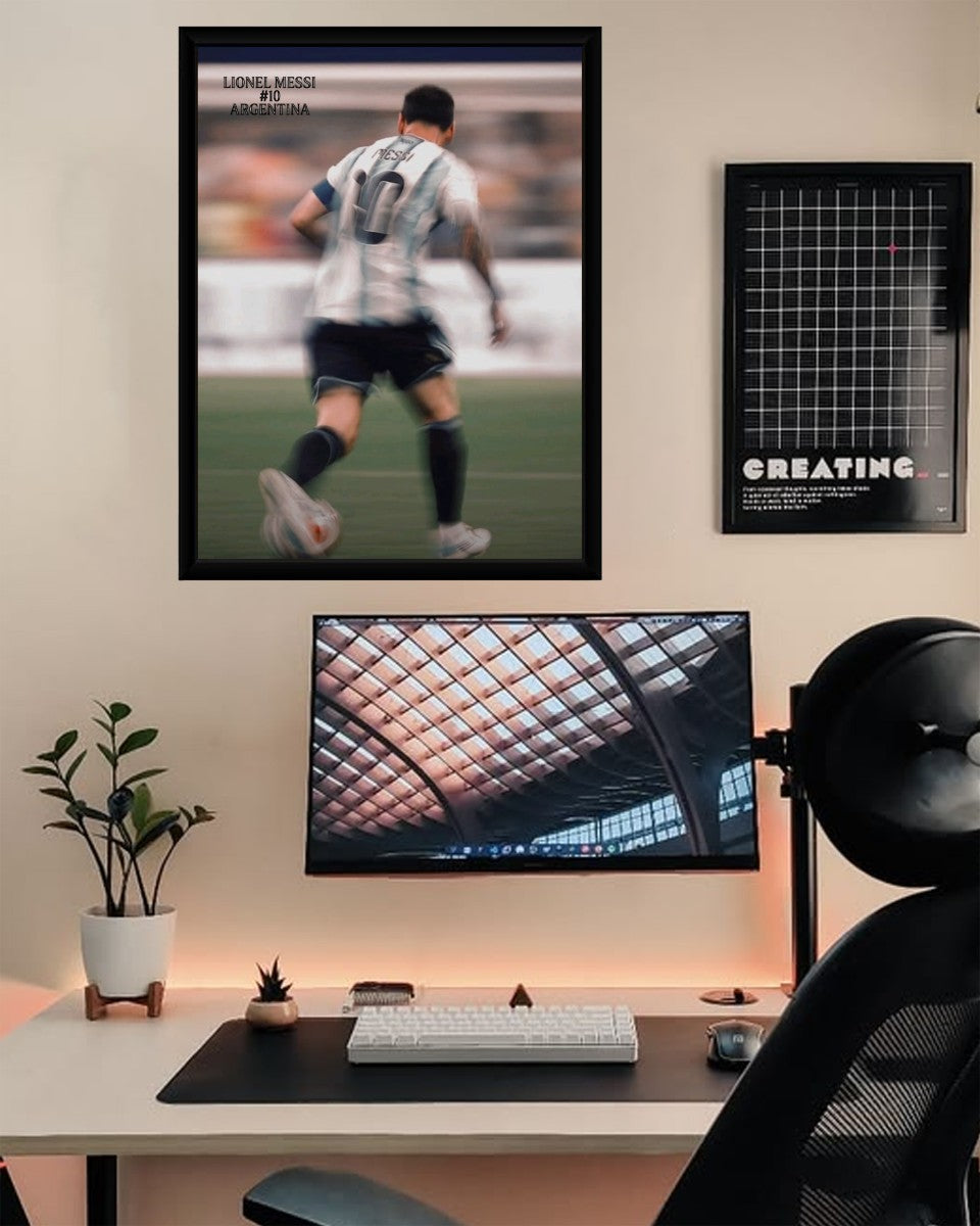 Vibrant Lionel Messi action poster displayed in a stylish office, inspiring creativity.
