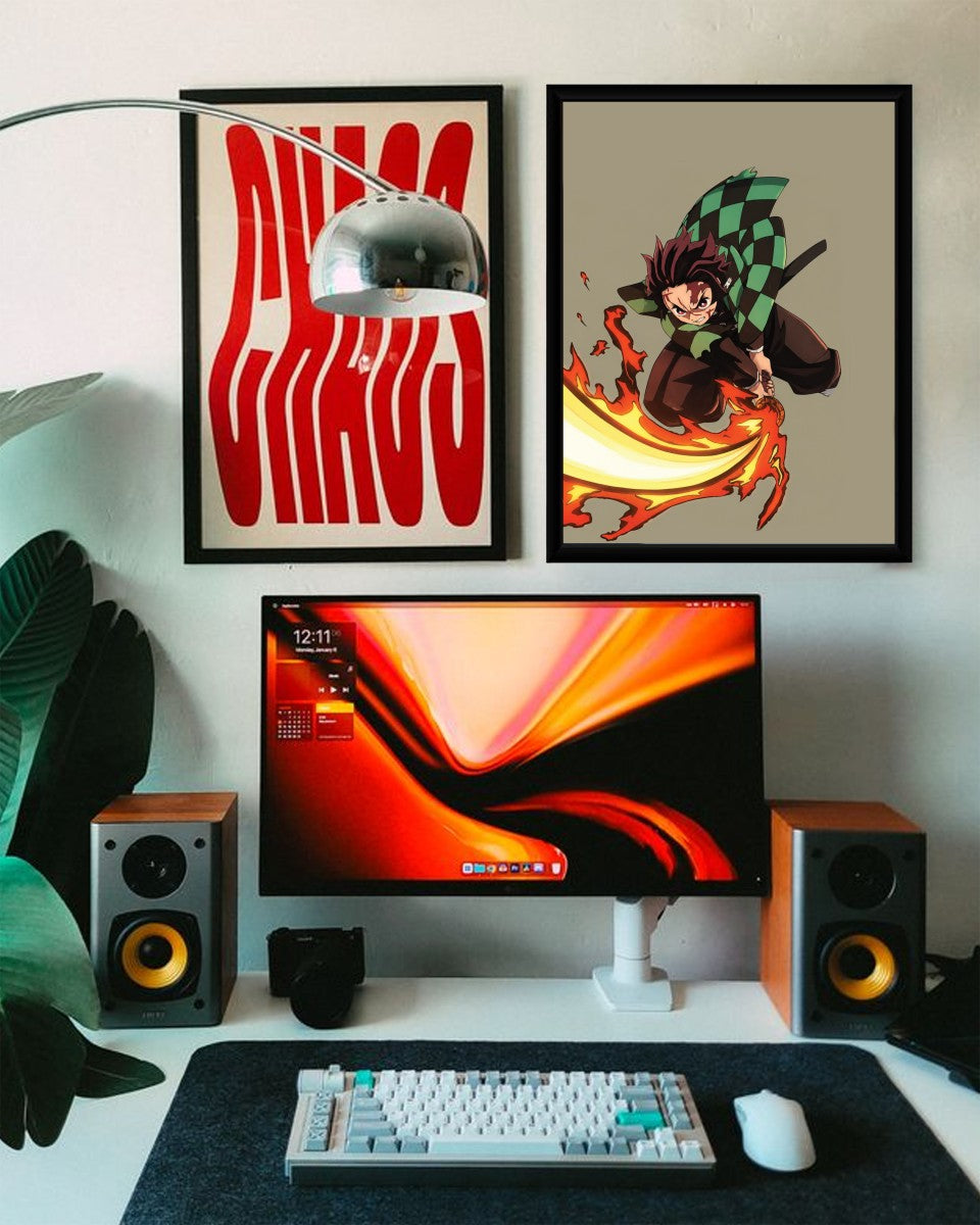 Tanjiro Kamado poster showcased in a creative workspace, adding a vibrant anime flair to the atmosphere.