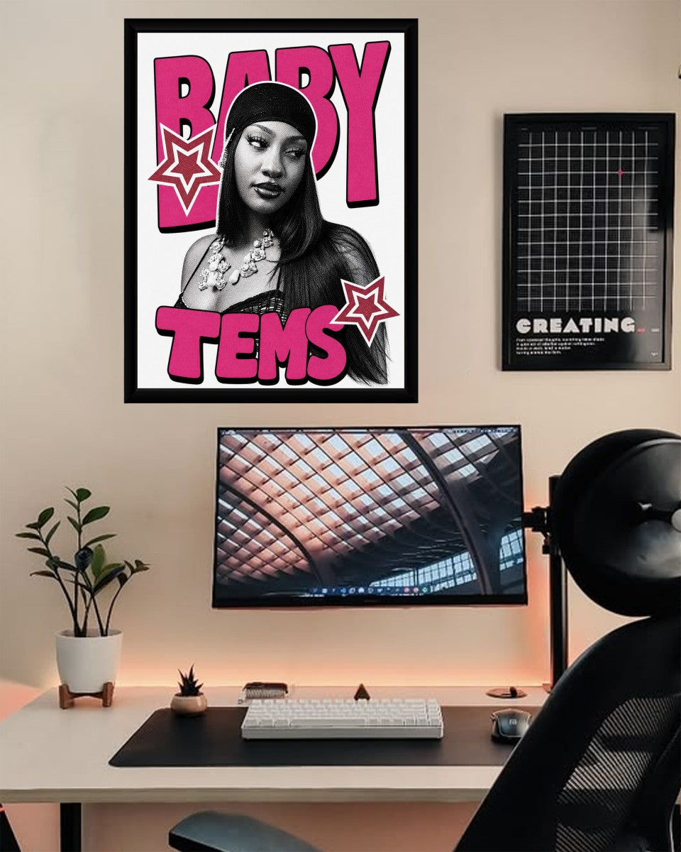 The Tems Music Poster displayed in a stylish room, enhancing the decor with its vibrant colors.