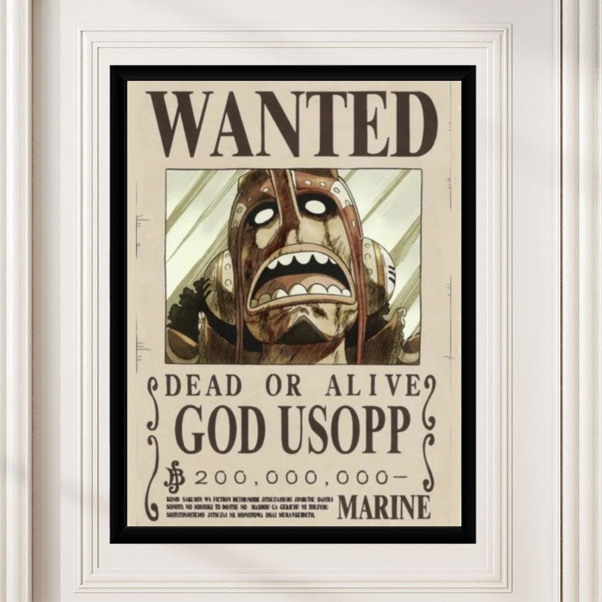 God Usopp Wanted Poster displayed in a colorful office setting.