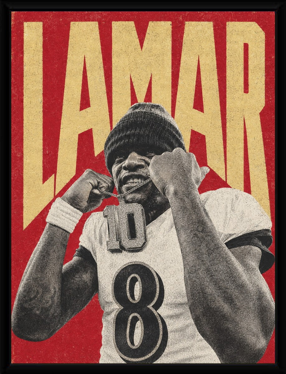 Lamar Jackson poster displayed in a pure-frame presentation, emphasizing the artwork's dynamic colors.
