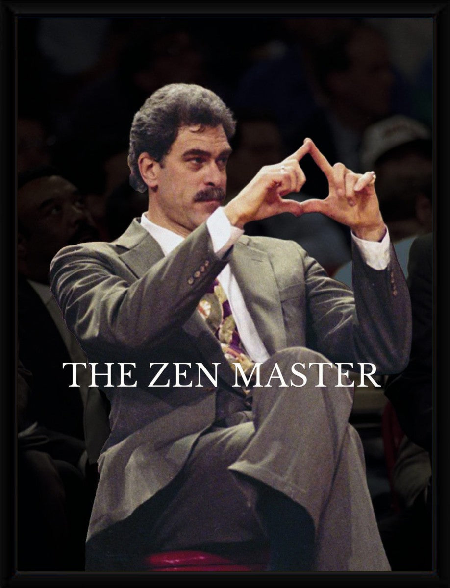 The Phil Jackson Zen Master Poster displayed in a sleek frame, enhancing the artwork with a polished presentation.
