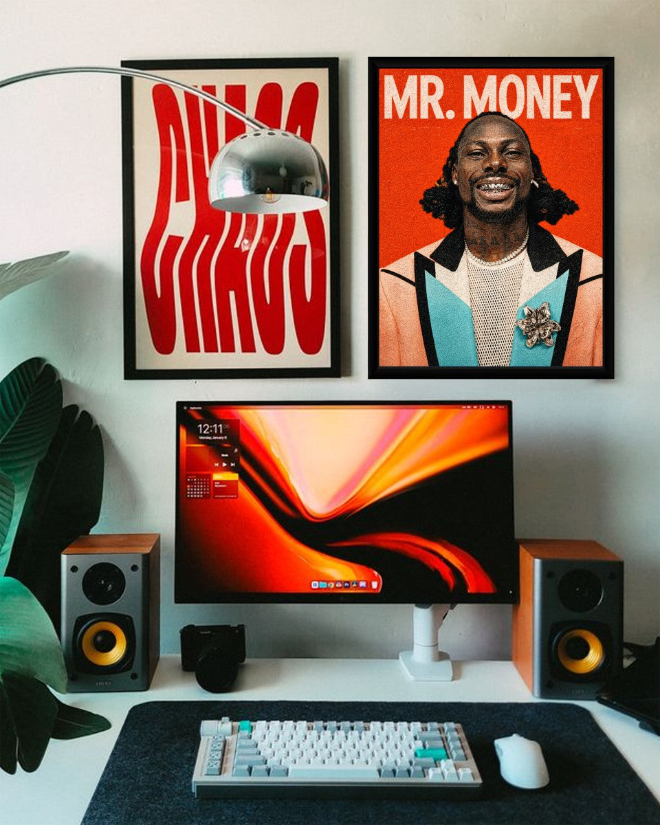 The Asake: Mr. Money poster displayed in a modern living room setting, showcasing its vibrant colors.