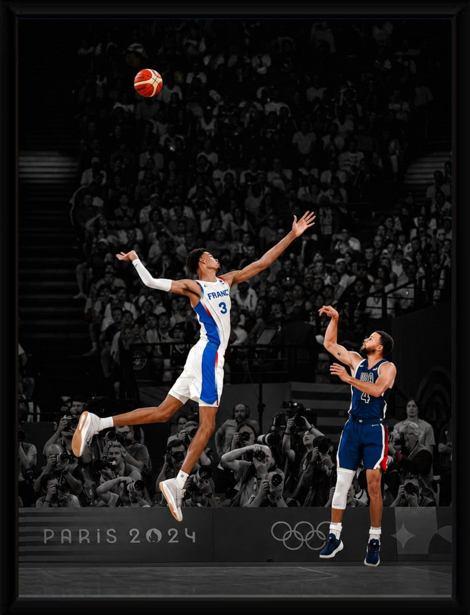 Curry Over Wemby poster displayed in a sleek black frame.
