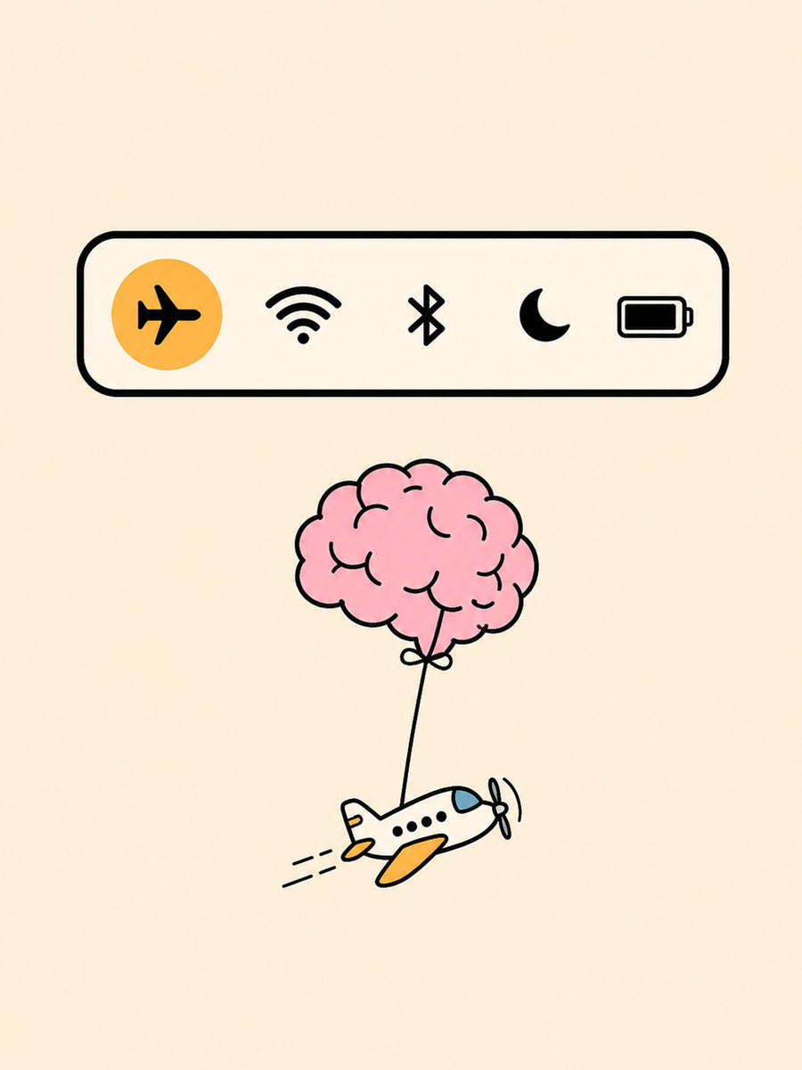 A whimsical Airplane Mode Poster featuring an illustration of an airplane lifted by a pink cloud.