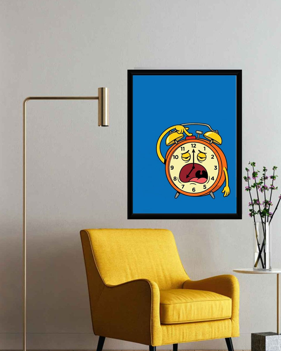Sad Alarm Clock Poster showcased in a bright office setting, adding a humorous touch.