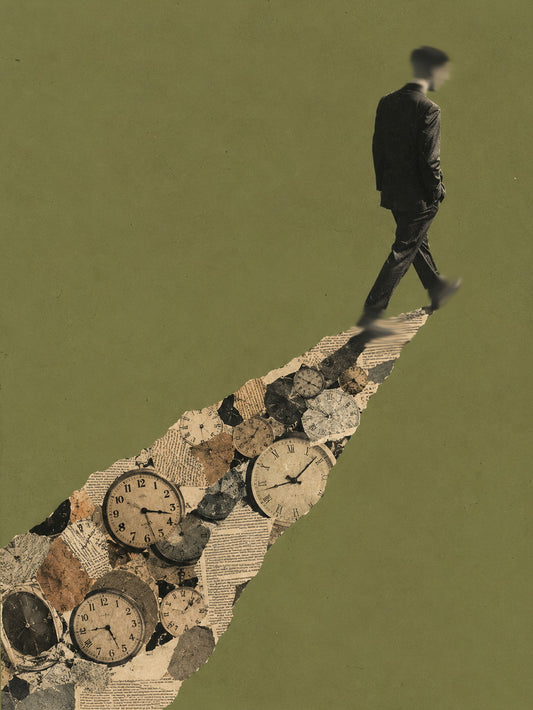 Minimalist poster featuring a solitary man walking away against a backdrop of clocks.