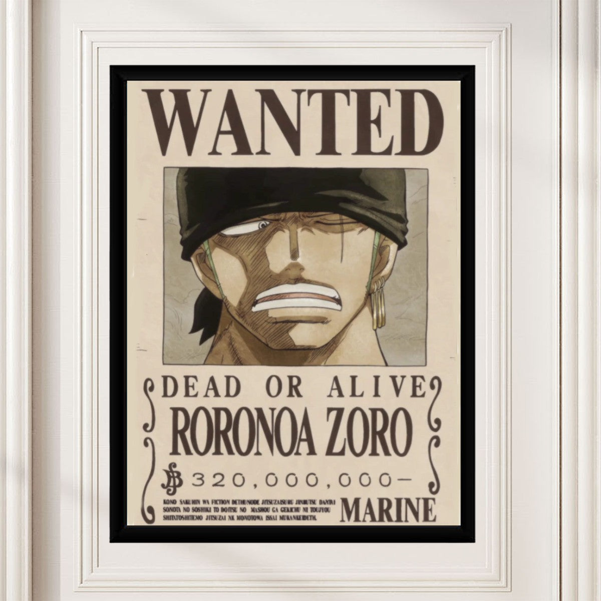Roronoa Zoro Wanted Poster displayed in a modern room setting, adding a pop of color and adventure to the decor.