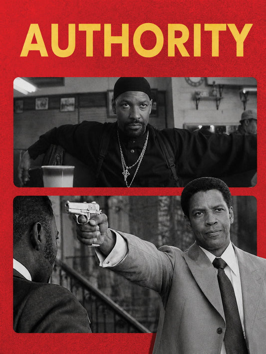 A poster featuring a powerful depiction of Denzel Washington, emphasizing authority with bold color contrasts.