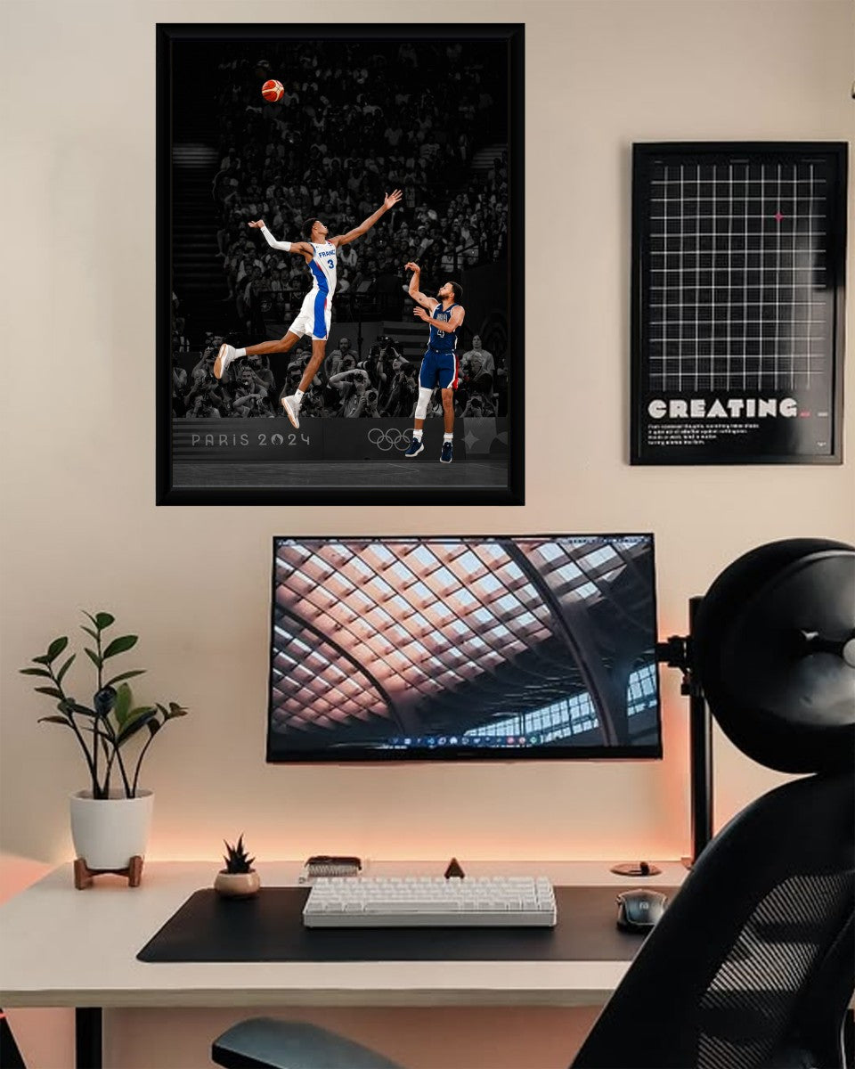 Curry Over Wemby poster showcased on an office wall with modern decor.